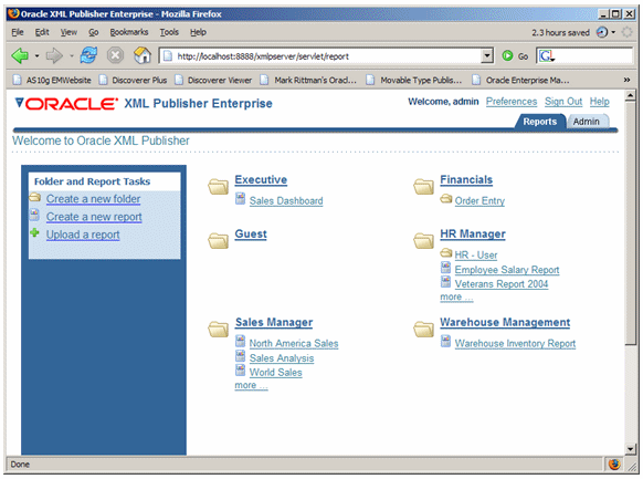 XML Publisher folders and reports screen