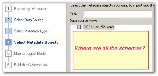 No schemas shown in Select Metadata Objects / Import Metadata