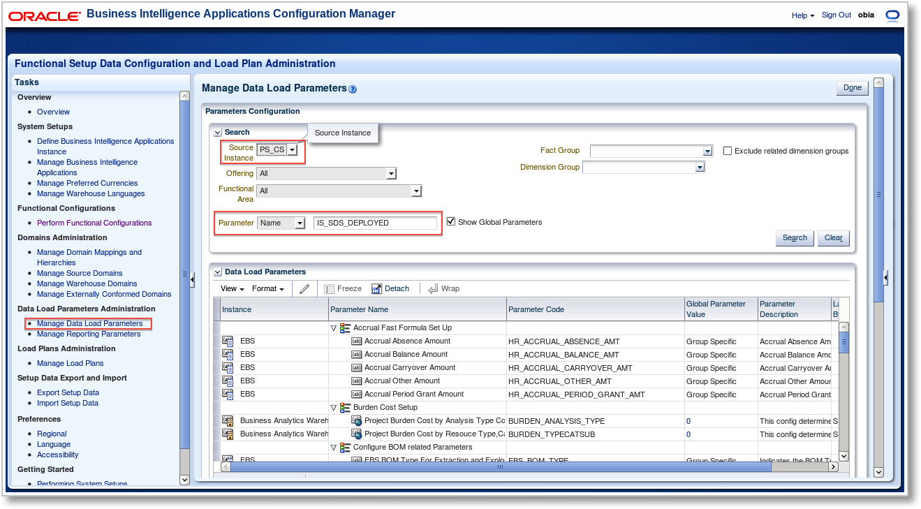 OBIA Configuration Manager: Manage Data Load Parameters