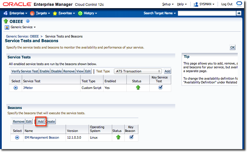 Enabling a service test for an additional EM12c Beacon