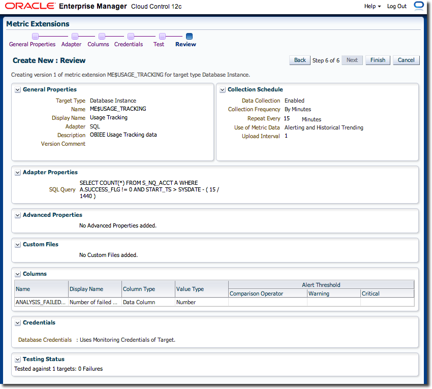 Defining an OBIEE Metric Extension in EM12c - step 6 of 6