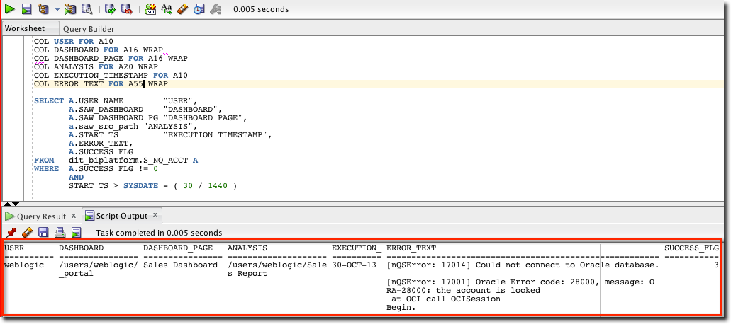 OBIEE Dashboard showing an error