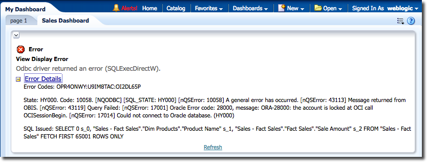 OBIEE Dashboard showing an error