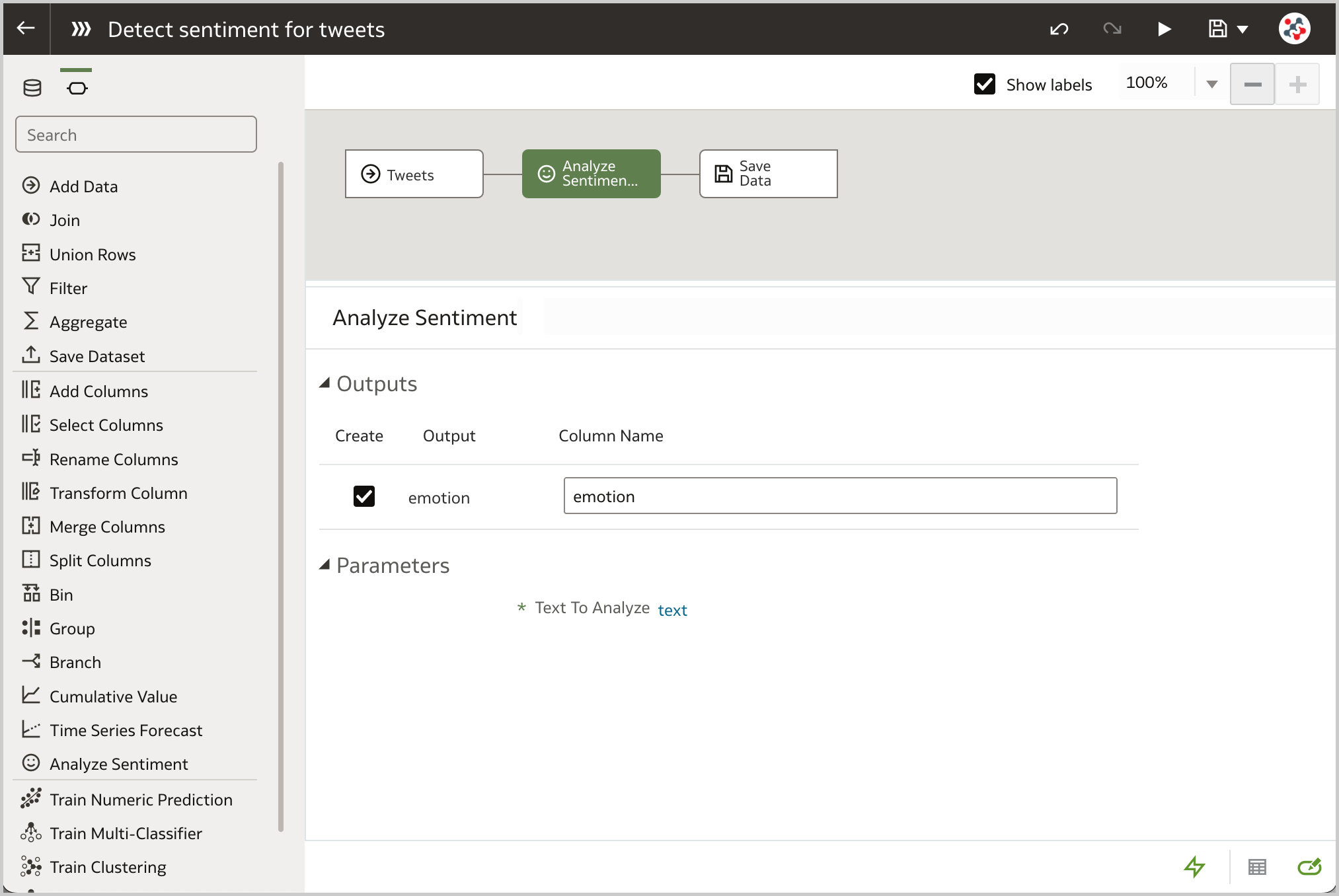 The Analyze Sentiment step allows to automatically detect the sentiment for a given textual column in a data flow.