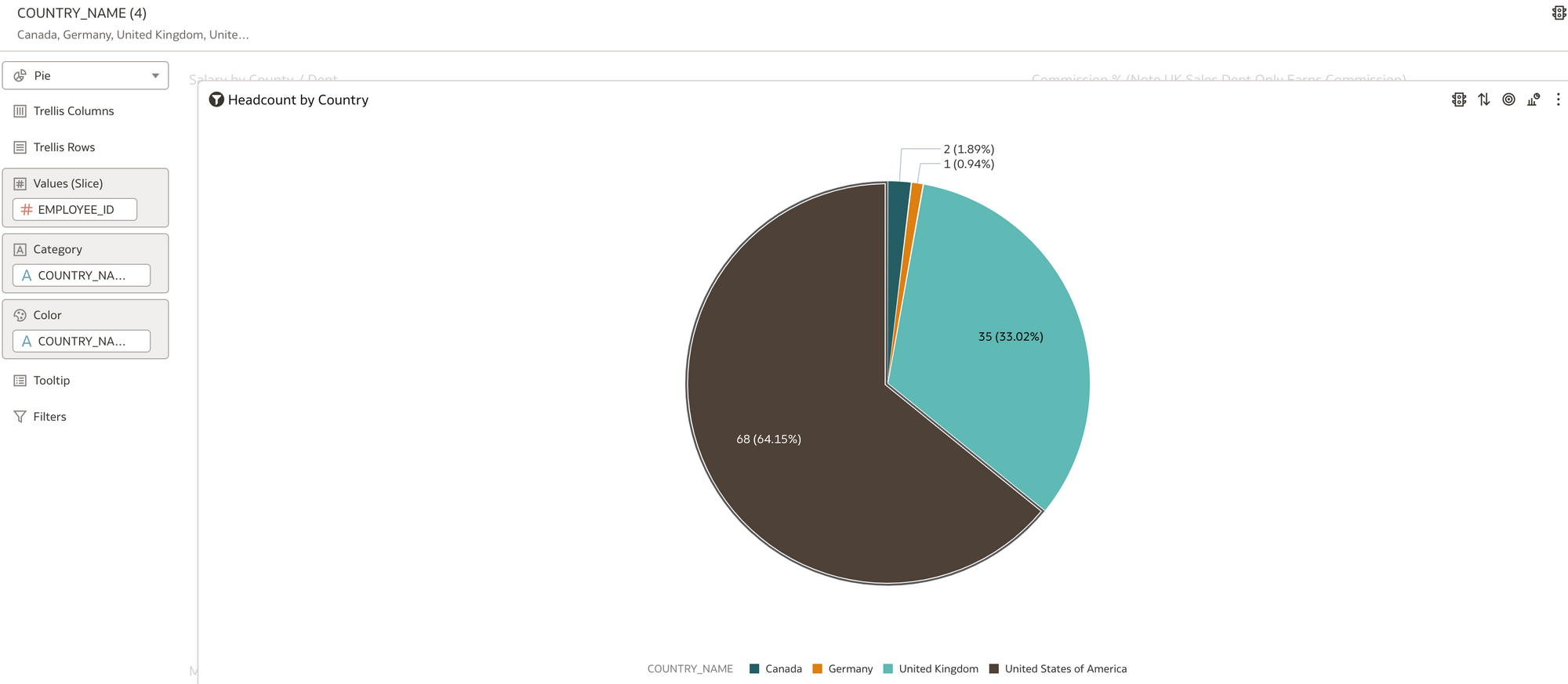 Pie Vis. Headcount by County Value and %