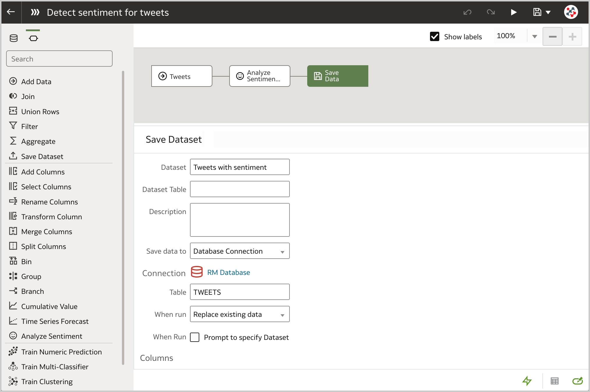 The Save Data step can be used to save data in a database table and access additional database functions.