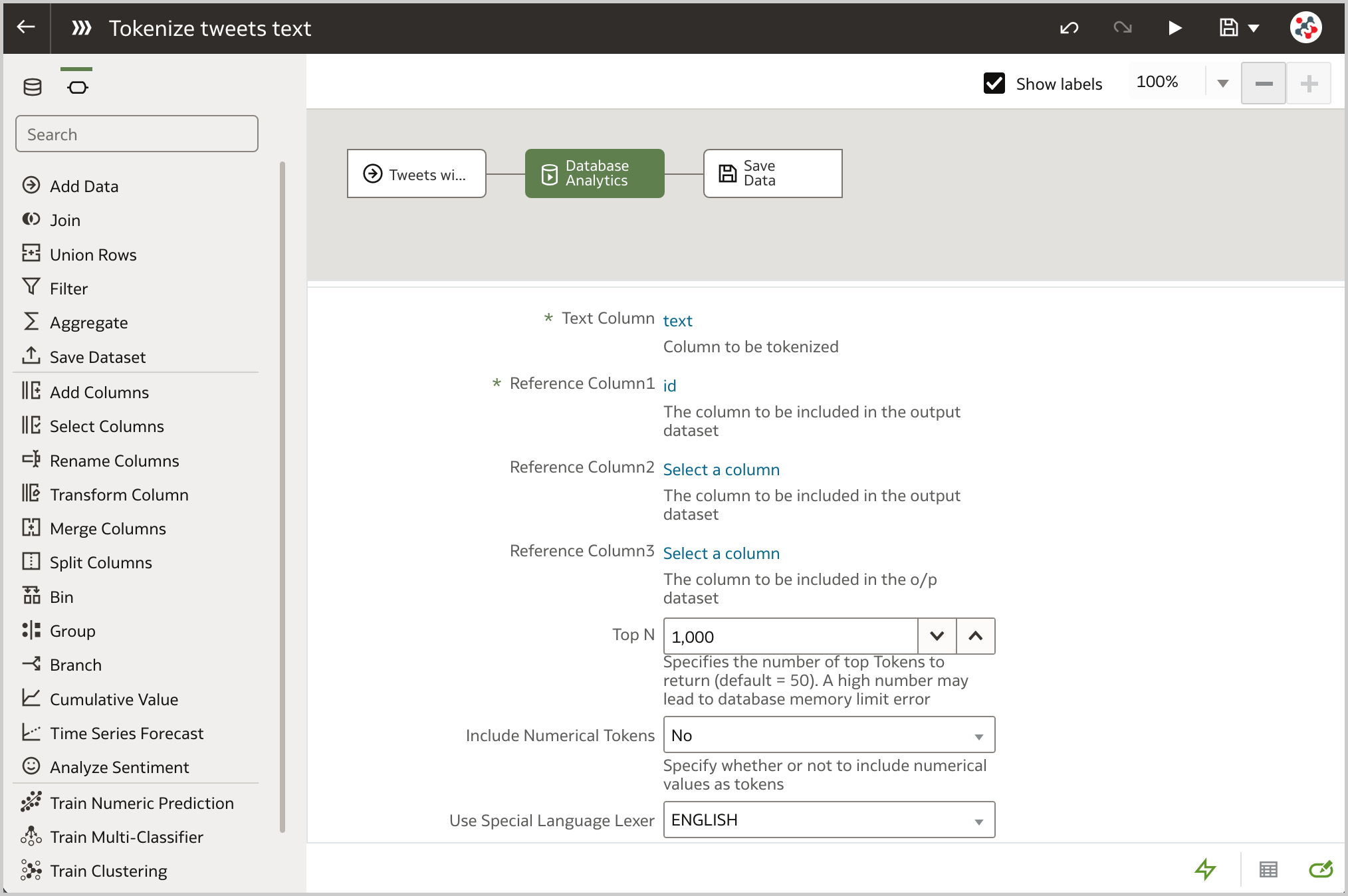 The Text Tokenization analytics function can be used to break a textual column down into distinct words and count their occurrences.