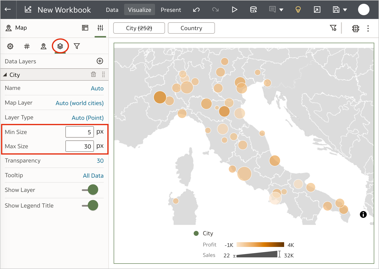 Control bubble sizes on map visualizations.