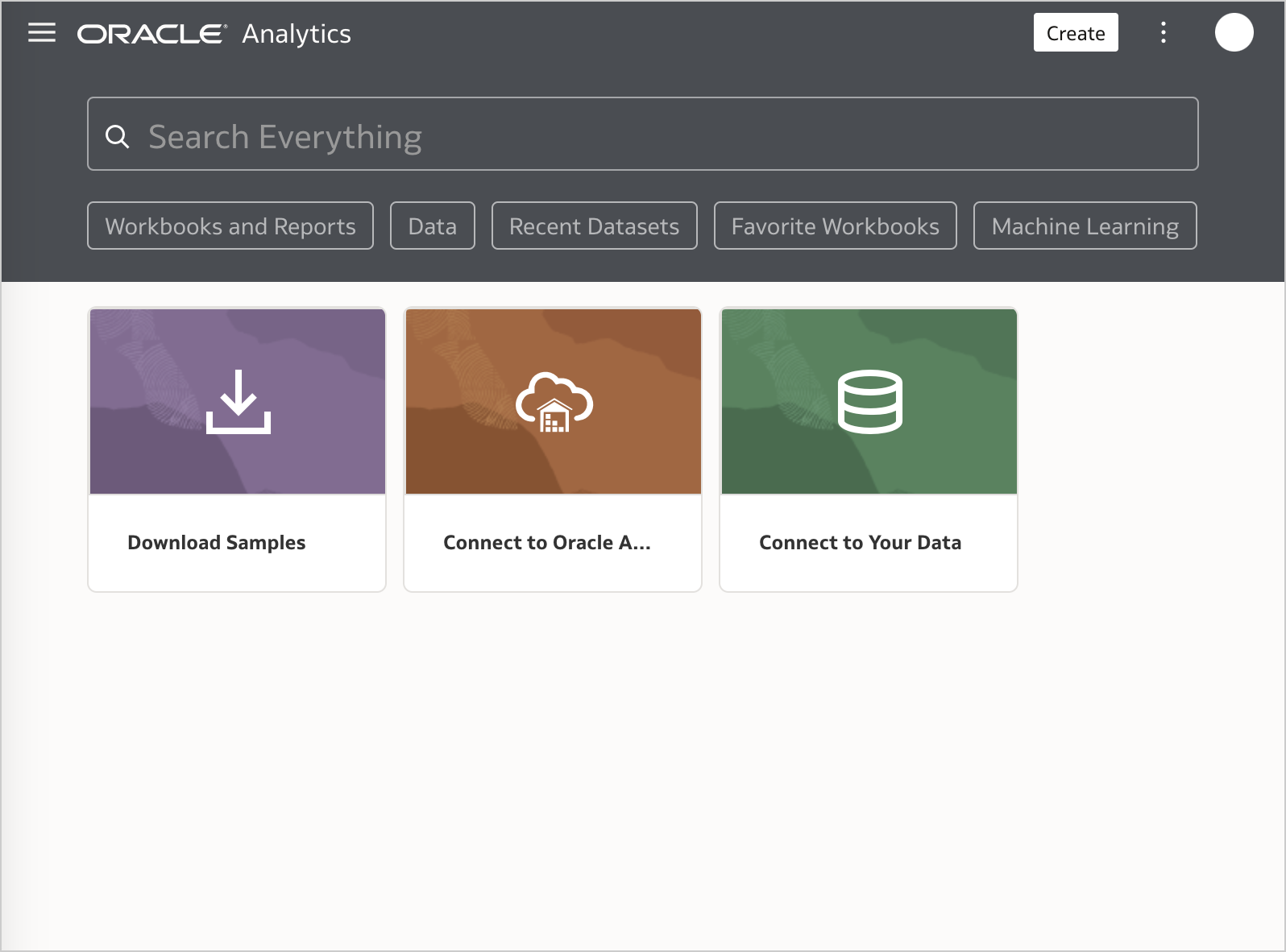 The Home page of Oracle Analytics Cloud.