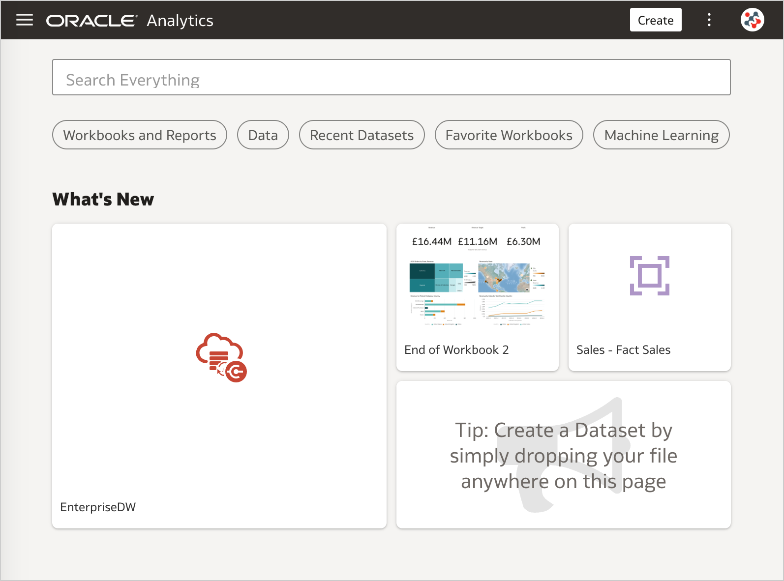 The previous version of the Oracle Analytics Cloud Home page.