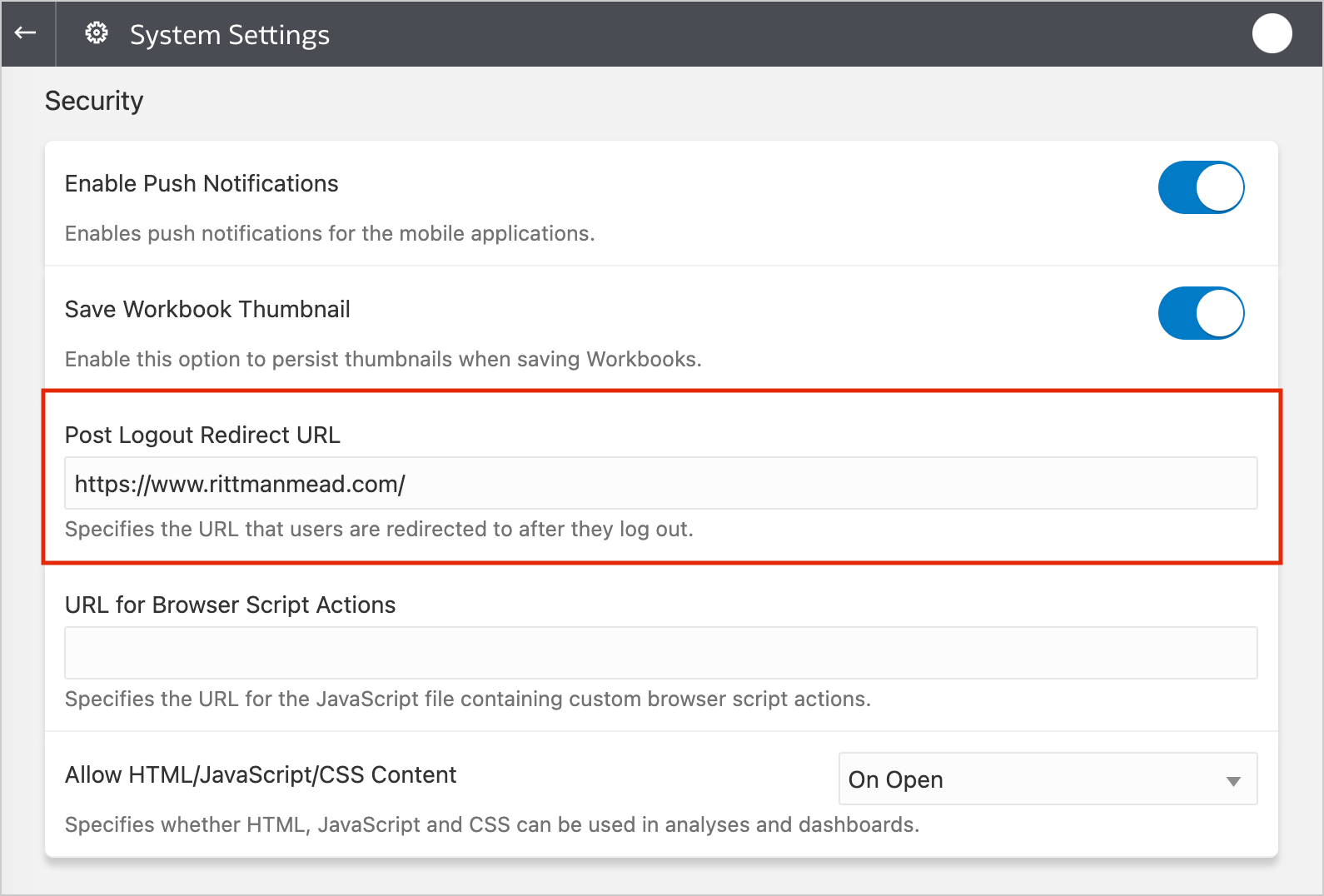 The new Post Logout Redirect URL security option.