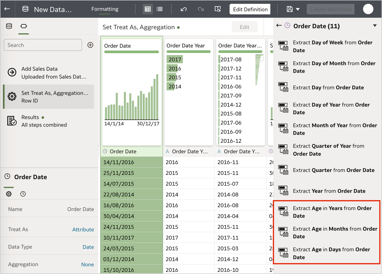 Time duration enrichments for date columns in Oracle Analytics Cloud.