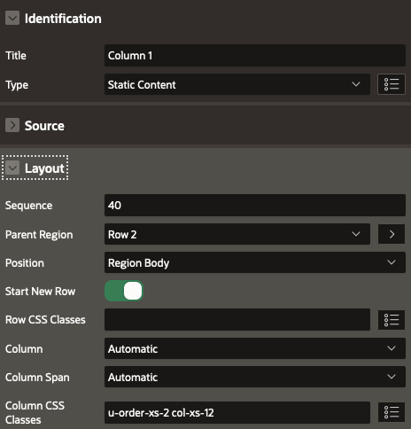 Attributes pane for region in APEX Application Builder