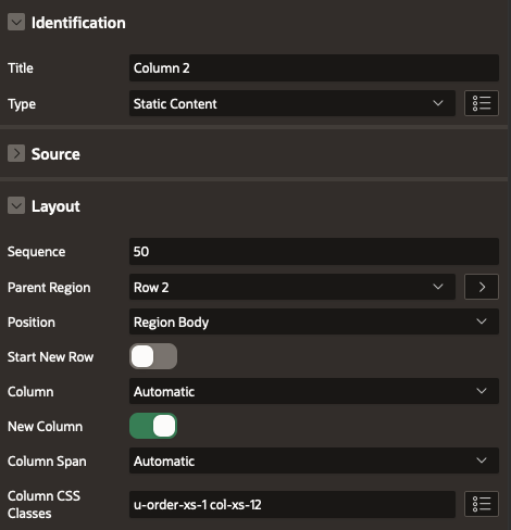 Attributes pane for region in APEX Application Builder