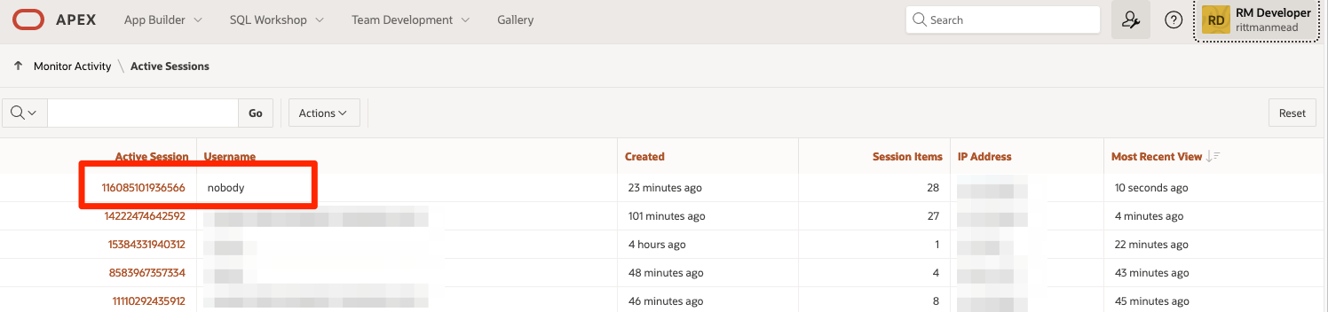 screenshot of Oracle APEX Application Builder Monitor Activity Active Sessions