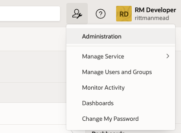 screenshot of Oracle APEX Application Builder, Administration menu on the top right corner to access monitor activity. 