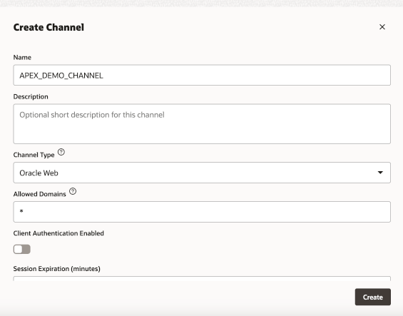 Oracle Digital Assistance - Example of the create channel form