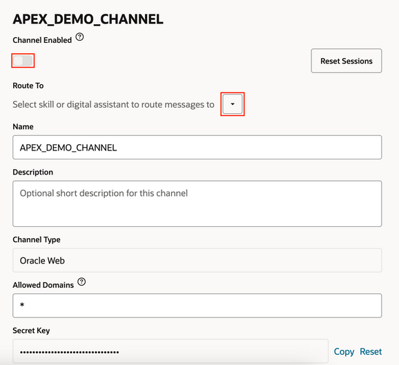 Oracle Digital Assistance - Routing properties for a channel