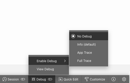 Screenshot of Oracle APEX developer toolbar, debug menu