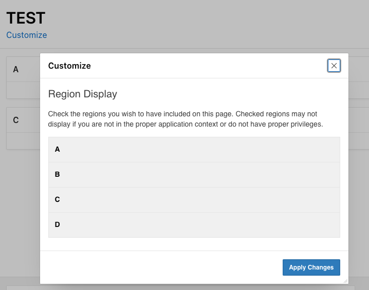 Print-screen of modal dialog in Oracle APEX to customize region displays. 