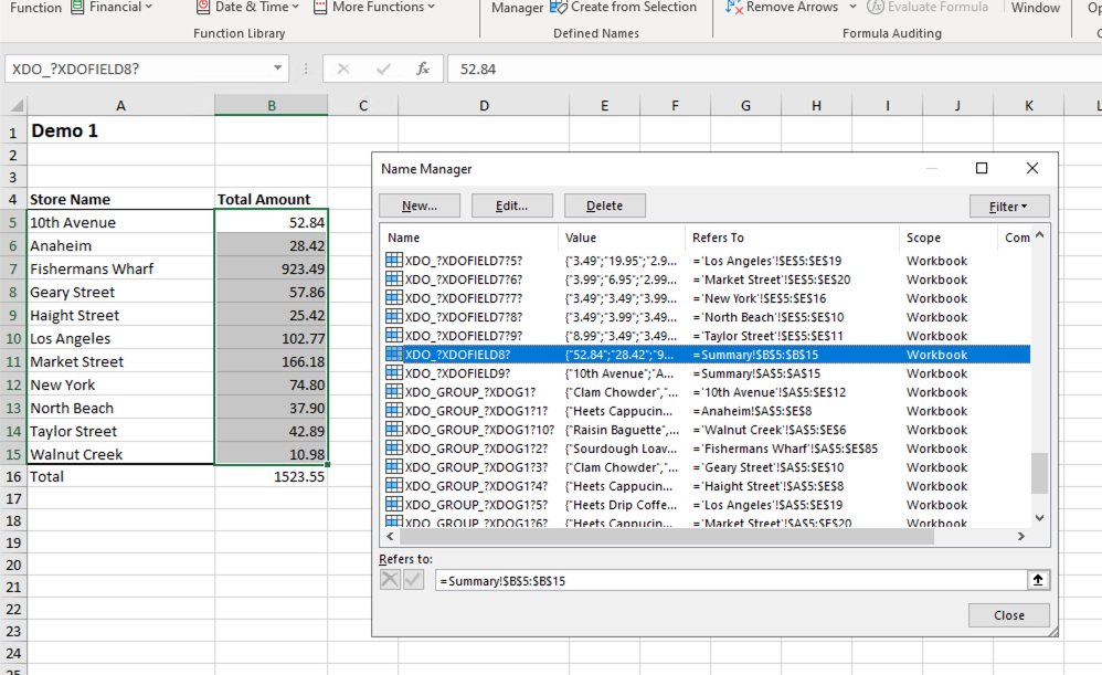 Screenshot of the Name Manager in Excel in the Output of a Report