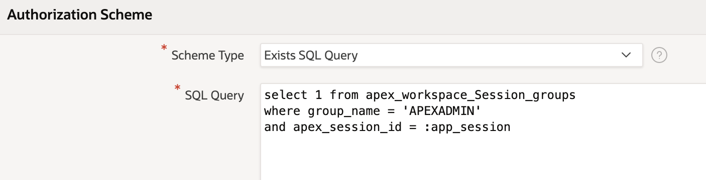 Screenshot of Oracle Apex showing SQL code for a simple Authorization Scheme