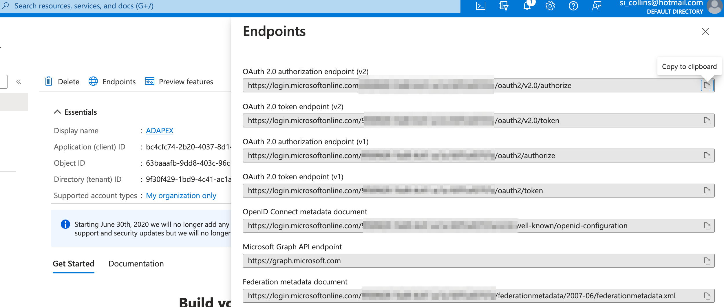 Screenshot of Microsoft Azure Console showing endpoints available for an application