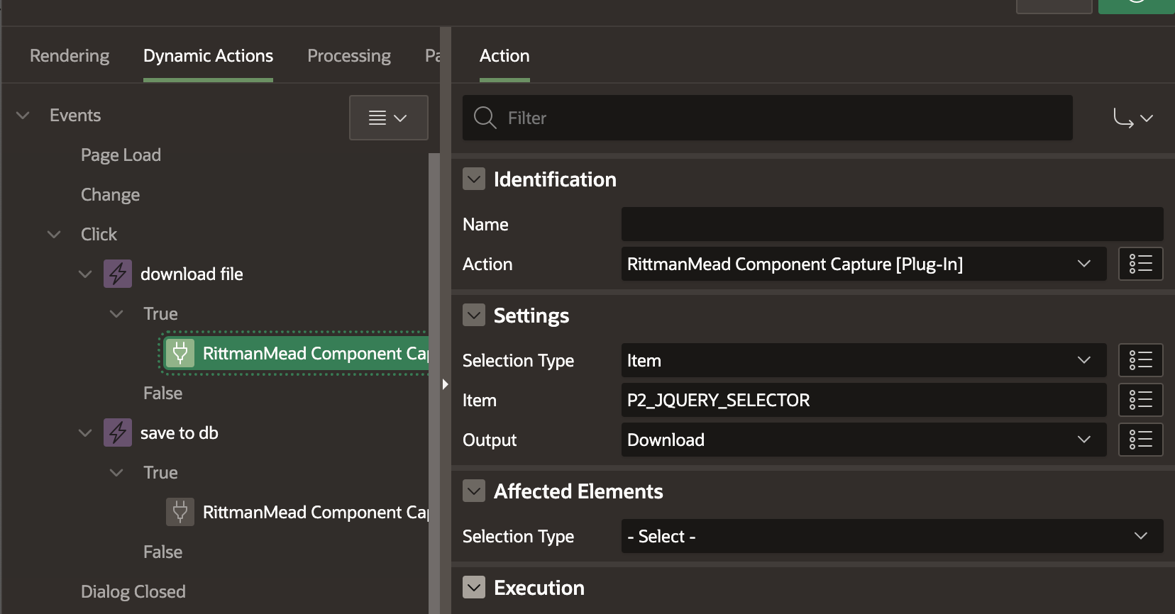 Screenshot of Oracle APEX showing how set the dynamic action up (Download)