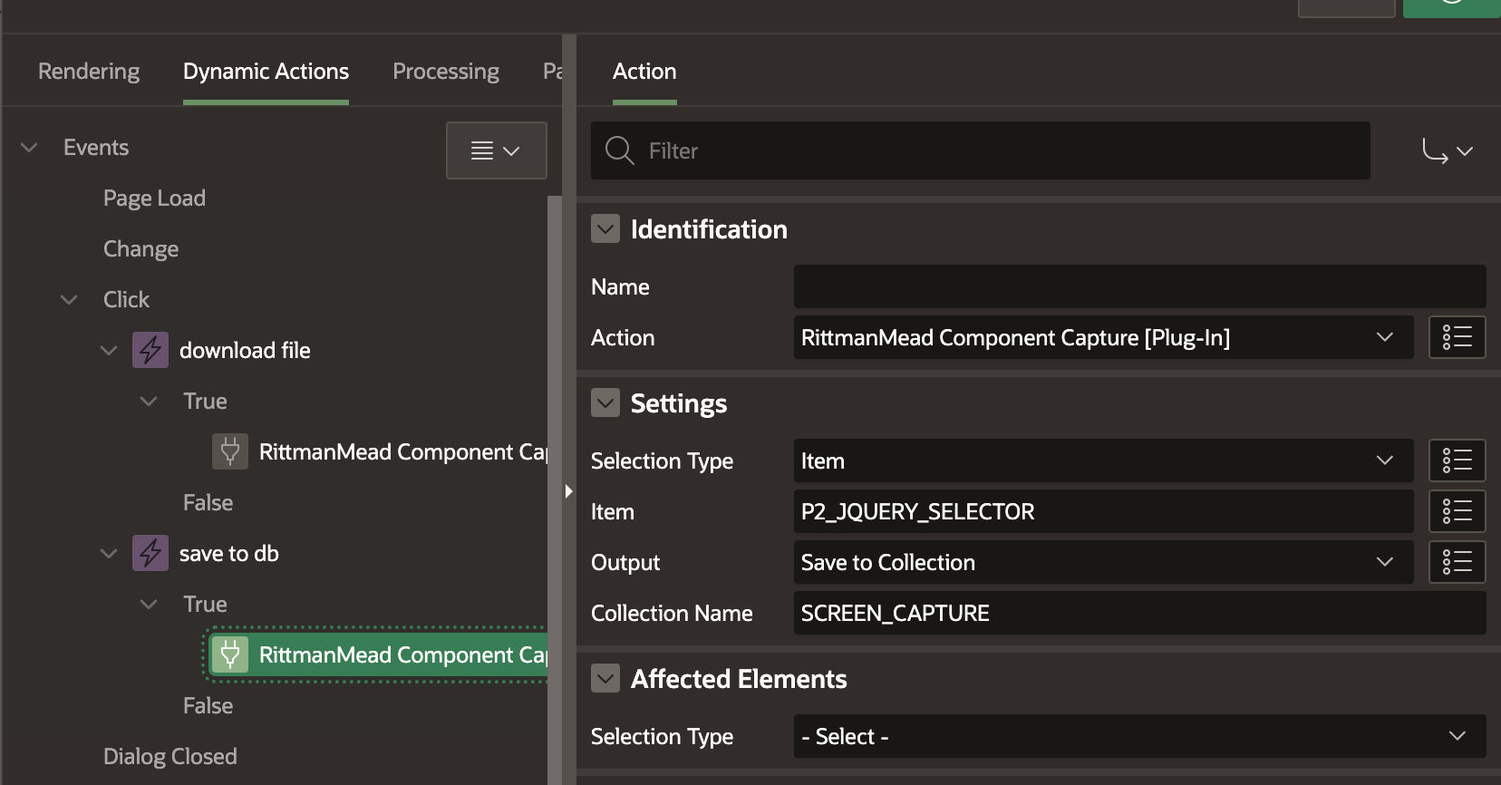 Screenshot of Oracle APEX showing how set the dynamic action up (Save to database)