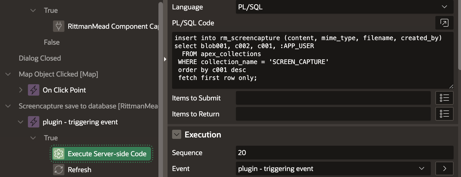 Screenshot of Oracle APEX showing PL/SQL code executed to save the captured image into the database