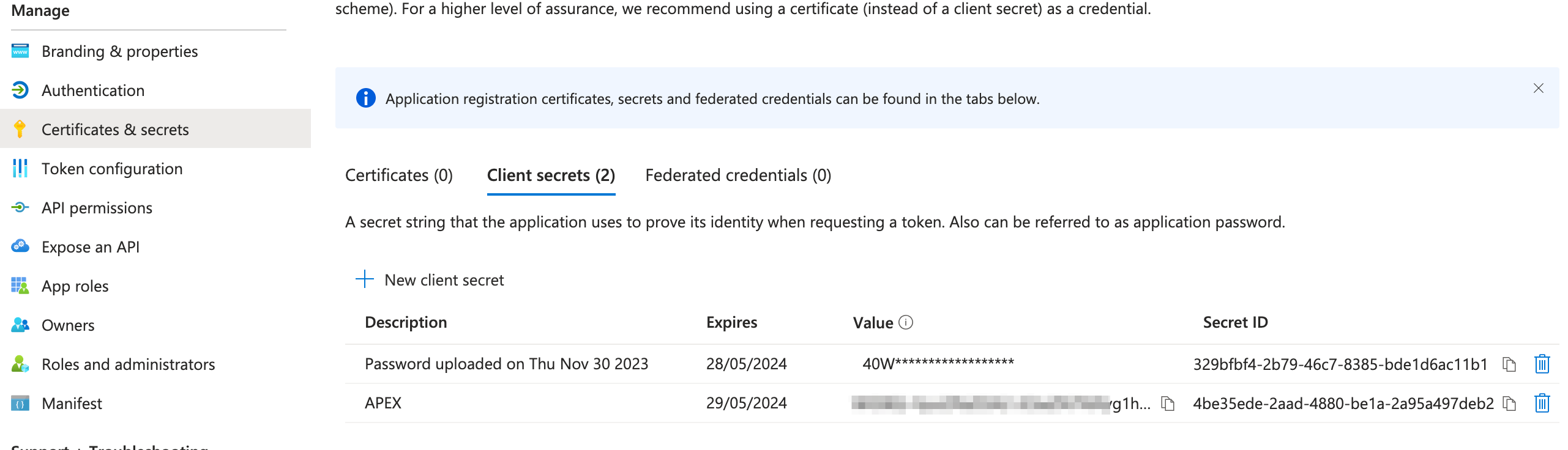 Screenshot of Microsoft Azure Console showing how to create a client secret for an application