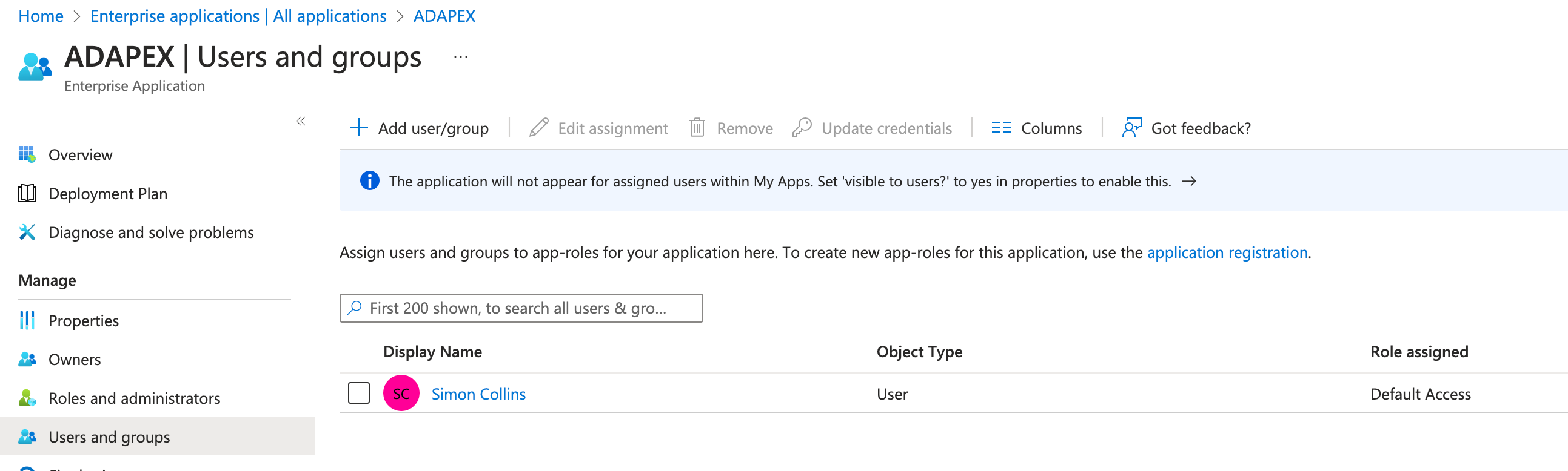 Screenshot of Microsoft Azure Console showing how to assign users and / or groups to an application