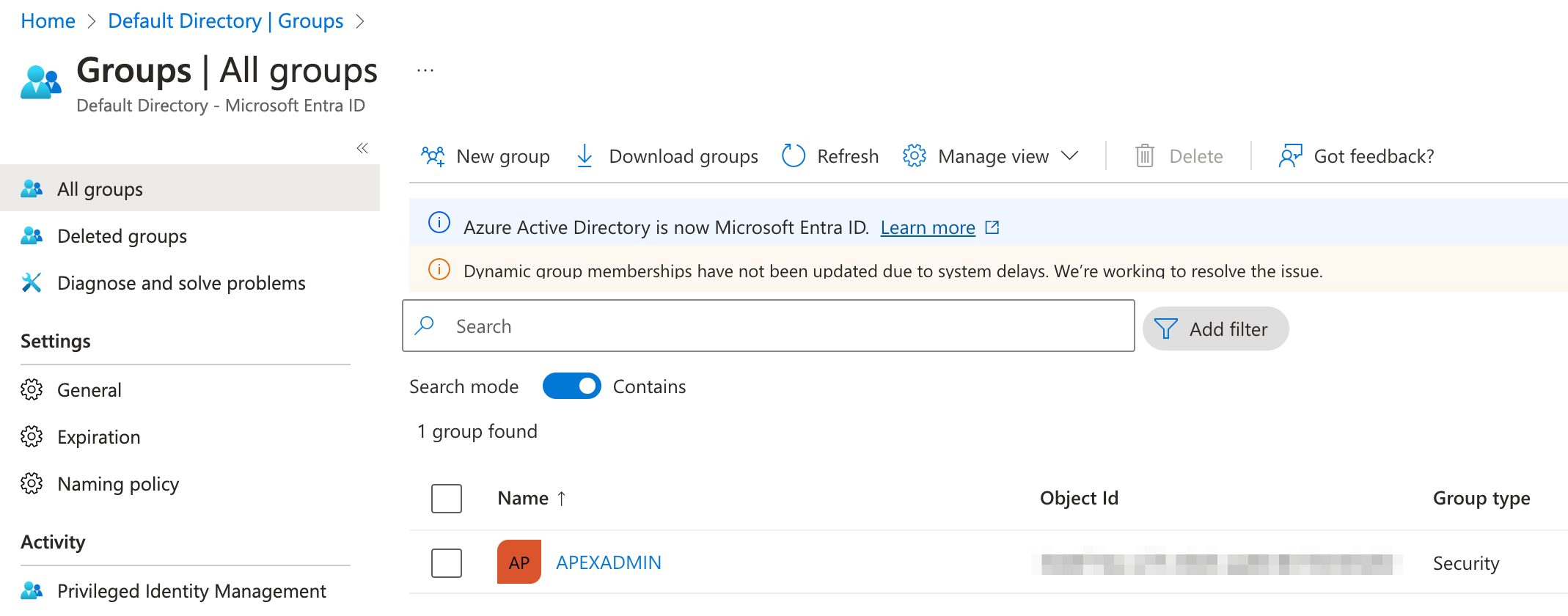 Screenshot of Microsoft Azure Console showing how to create AD groups