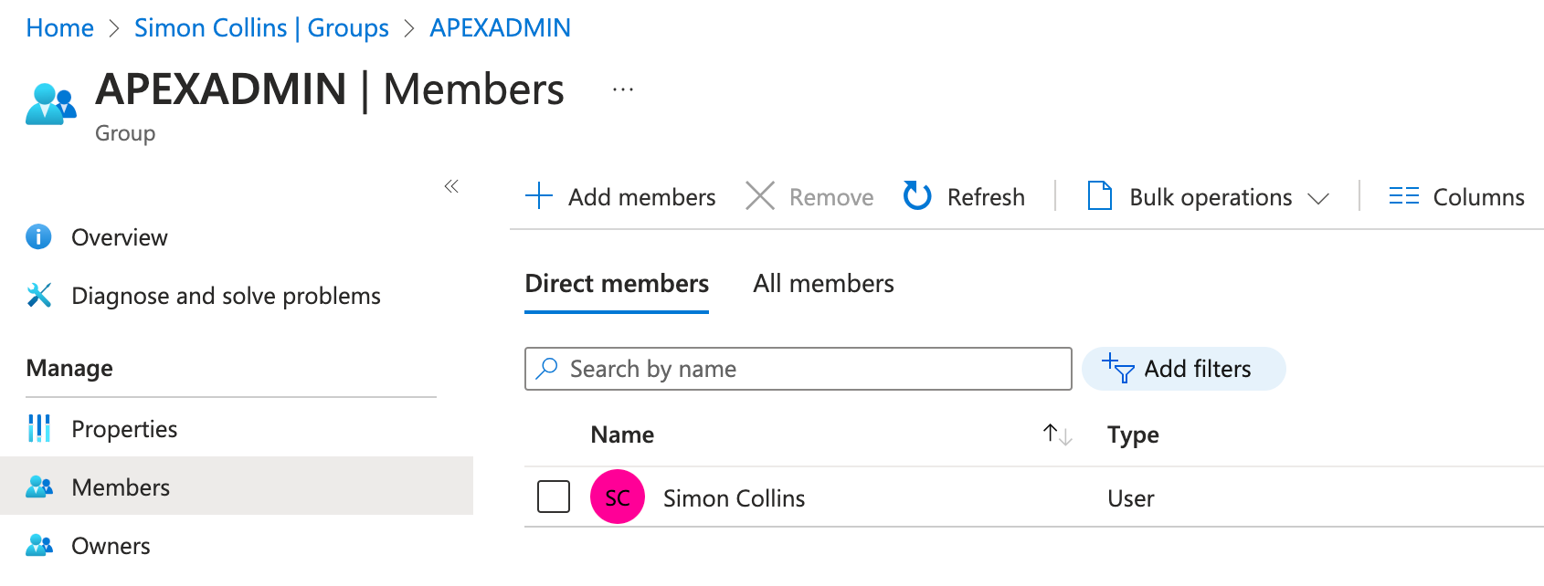 Screenshot of Microsoft Azure Console showing how to add members to a group