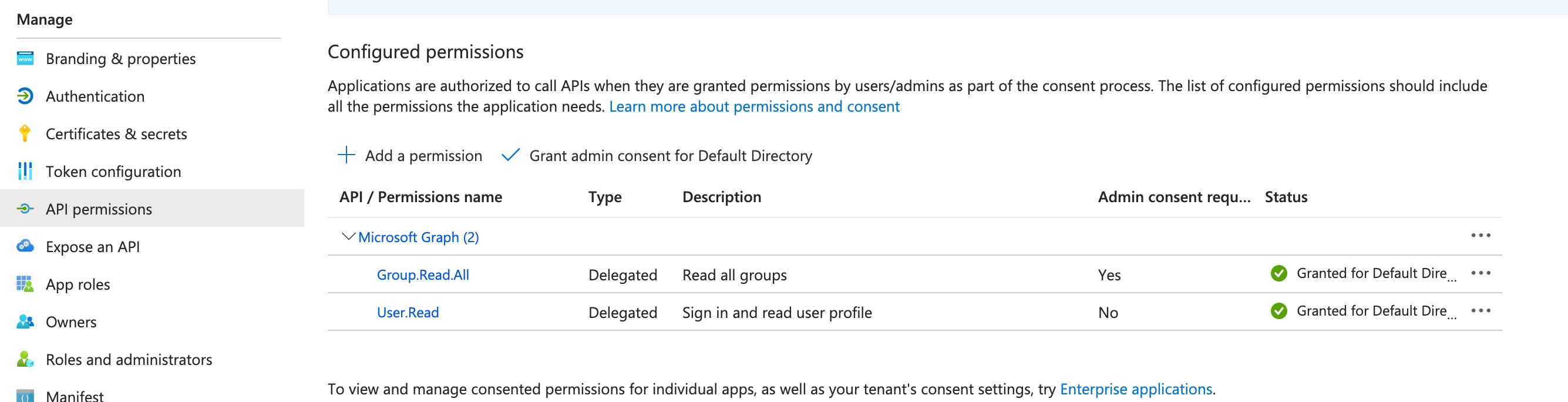 Screenshot of Microsoft Azure Console showing how to check an application API Permissions