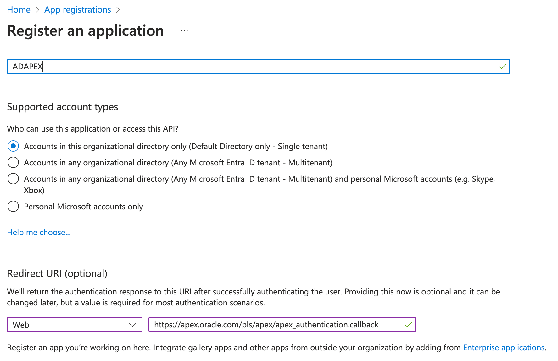 Screenshot of Microsoft Azure Console showing how to register an OAuth Application.