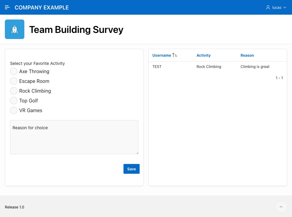 Screenshot of a Team Building Survey in APEX to replace Write-back in Analytics