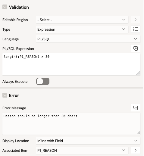 Screenshot of Validation Attributes in Oracle APEX