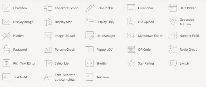 Screenshot of Page designer with the supported Form Items in Oracle APEX 23.2