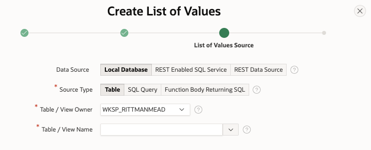 Screenshot of the Create a List of Values wizard in APEX 23.2