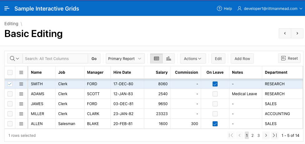 Screenshot of an interactive grid in edit mode in Oracle APEX sample application