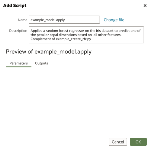 A dialogue window titled 'Add Script'. The first field is 'Name' and contains 'example_model.apply'. The next field is 'description' and contains 'Applies a random forest regressor on the iris dataset to predict one of the petal or sepal dimensions based on all other features. Complement of example_create_rfr.py. Below is a title 'Preview of example_model.apply' with empty 'Parameters' and 'Outputs' tabs.