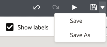 A save pop-out menu from the floppy-disk save icon. The two options are 'save' and 'save as'