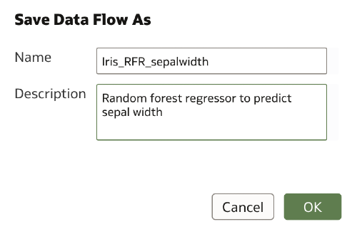 The save data flow as dialogue. It has the name field populated with 'Iris_RFR_sepalwidth' and the description field populated with 'random forest regressor to predict sepal width'. There are cancel and OK buttons.