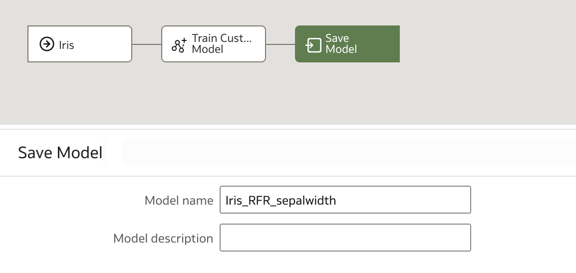 The save model dialogue, with options to enter a model name, filled with 'Iris_RFR_sepalwidth' and a model description, which is empty.