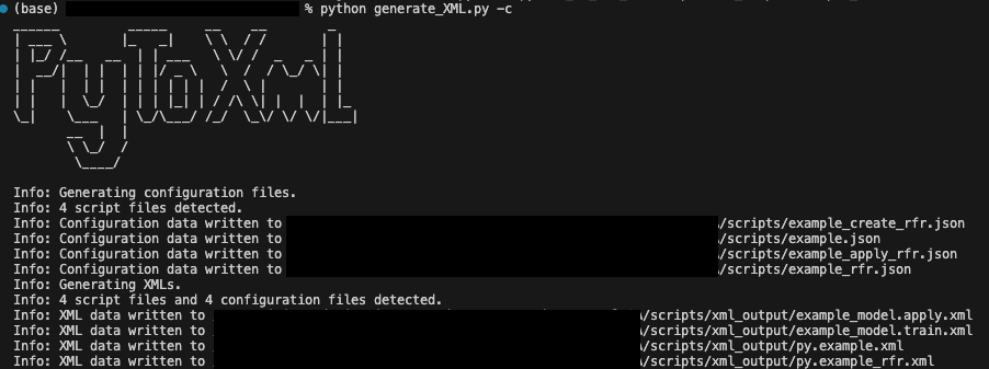 A screenshot of a terminal. It lists the command 'python generate_XML.py -c' at the top. Below is an ASCII art 'Py To XML' label. Info strings show the detection of 4 scripts, the generation of four configuration files, the detection of 4 script & config pairs, and the generation of 4 XML files.