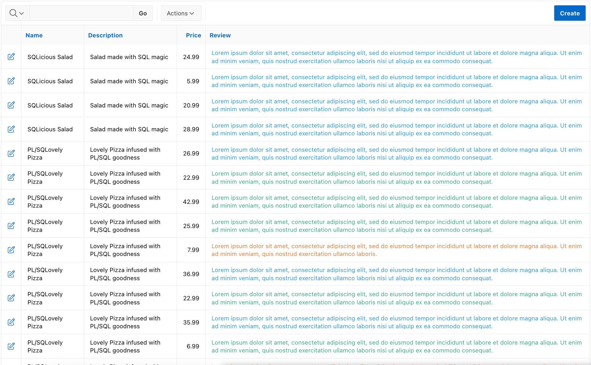 Screenshot of an Interactive Report in Oracle APEX rendering HTML code in Colours