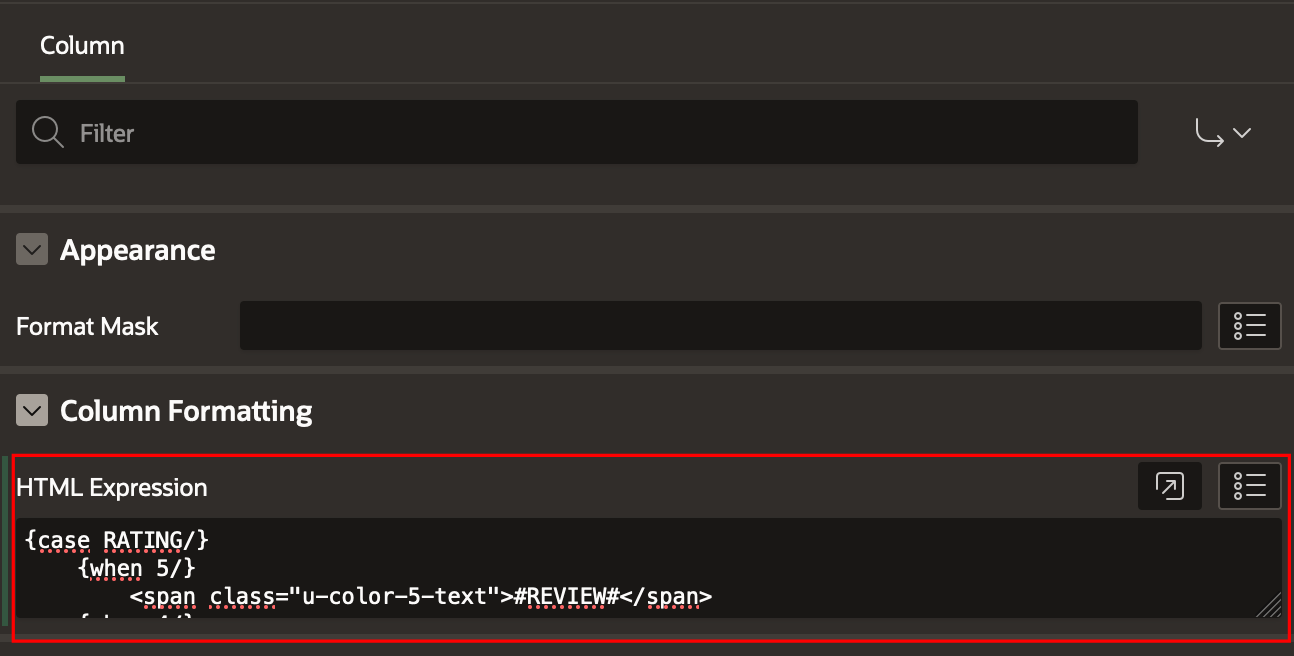 Screenshot of Column Formatting of a report column in Oracle APEX