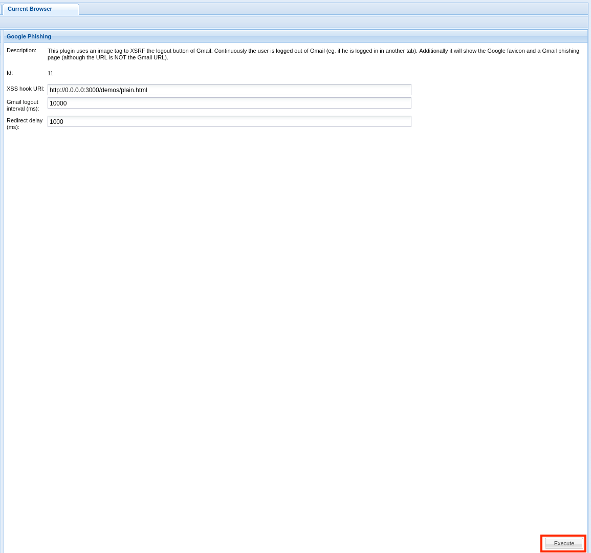 Screenshot of BeEF User Interface with phishing module 